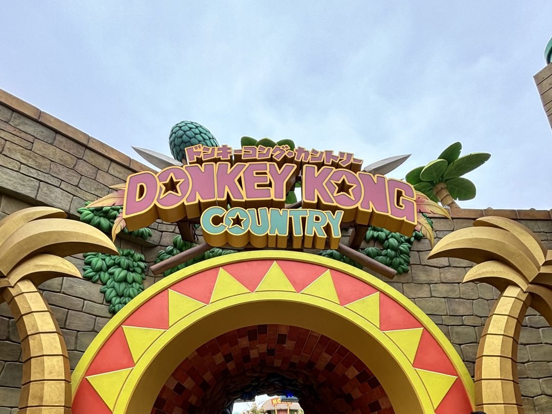 L'enseigne Donkey Kong Country, en lettres roses et jaunes sur un mur de pierre, au-dessus de son arche d'entrée