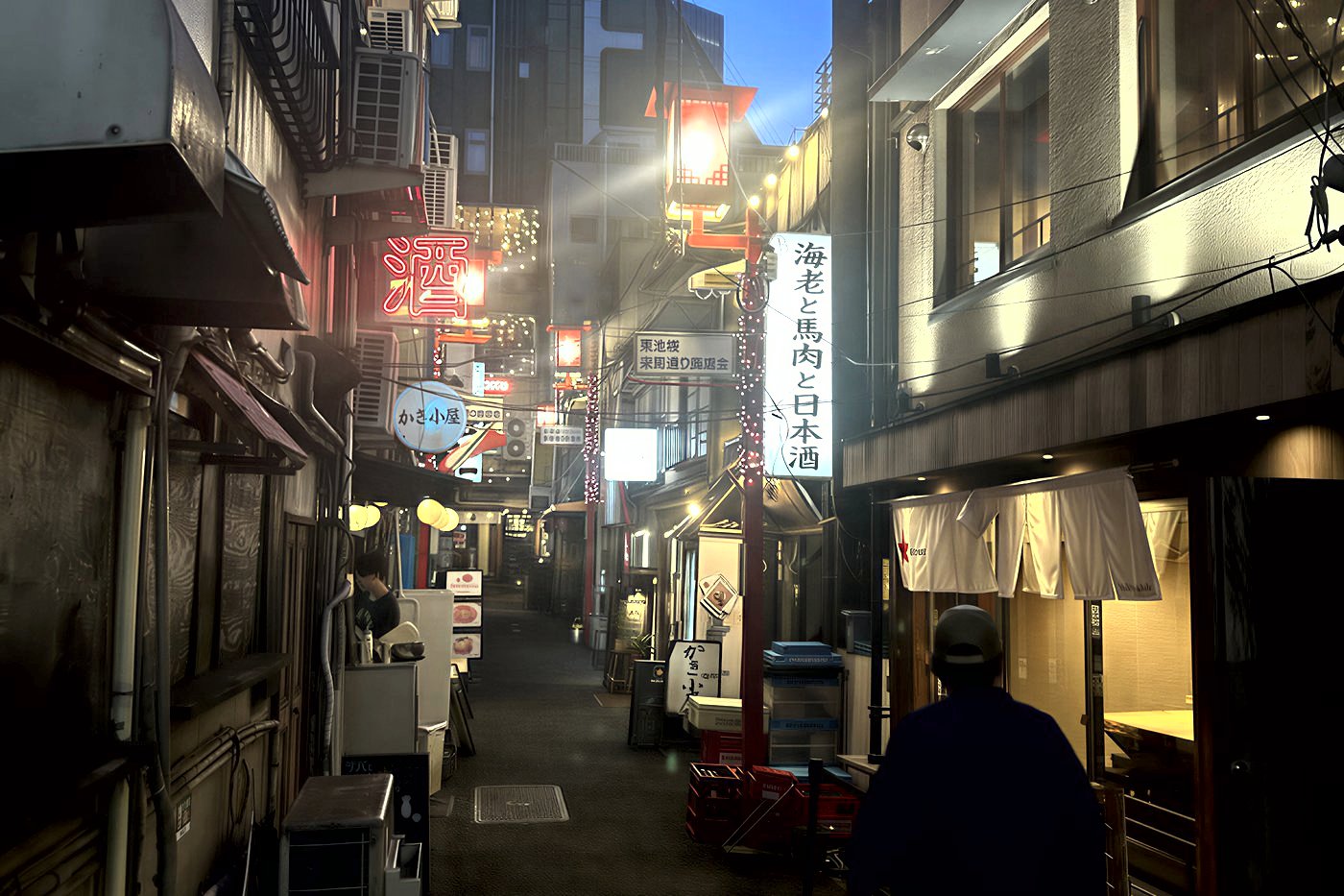 Ruelle d'izakaya de Sakaemachi-dori à Higashi-Ikebukuro au crépuscule, enseignes lumineuses et lanternes.
