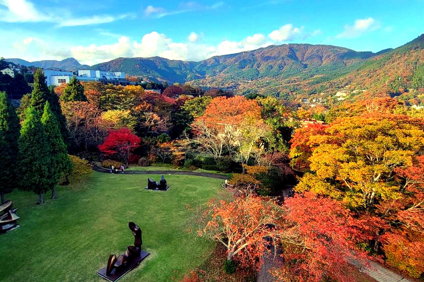 An aerial view over the lawns and sculptures of the Hakone Open-Air Museum, autumn color on the mountains.