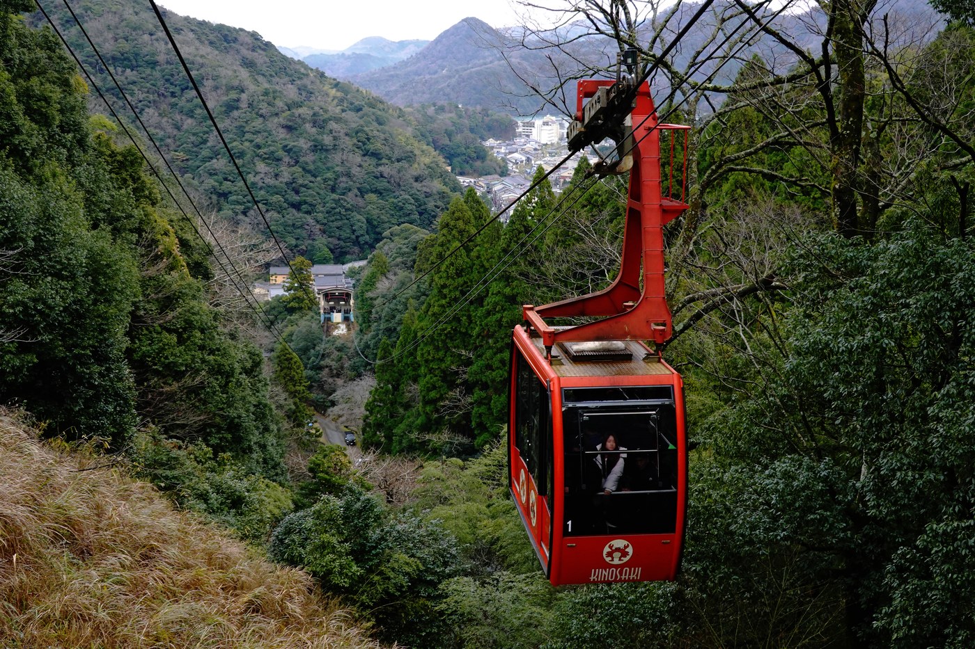 The Kinosaki ropeway car crossing the forest of Mount Daishi, the town below.