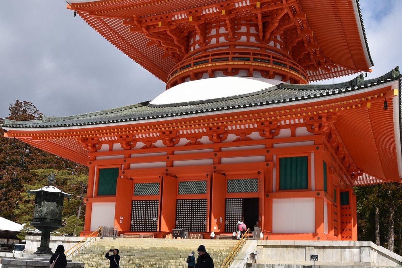 The Konpon Daito pagoda of the Danjo Garan under snow, at Koyasan.